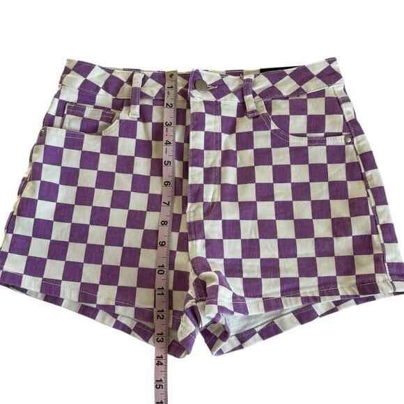 Fashion Nova Pit Stop Purple and White Checked High Rise Denim Shorts Size 9 - Picture 5 of 8